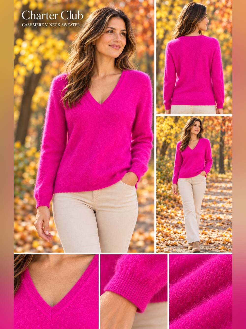 Charter Club Luxury Cashmere V-Neck Sweater Fuchsia Pink Size XL